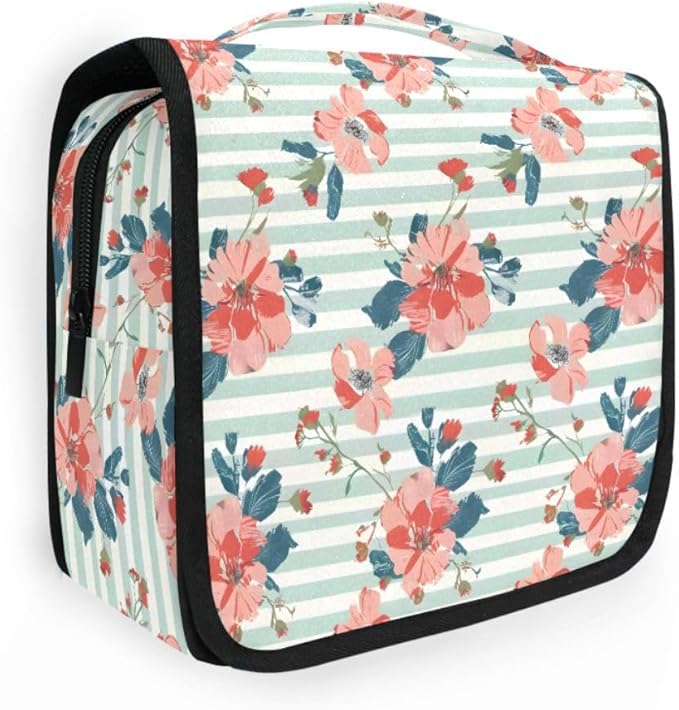 Hanging Travel Toiletry Bag Floral on Striped Kit Makeup Case Cosmetics Organizer for Men Women