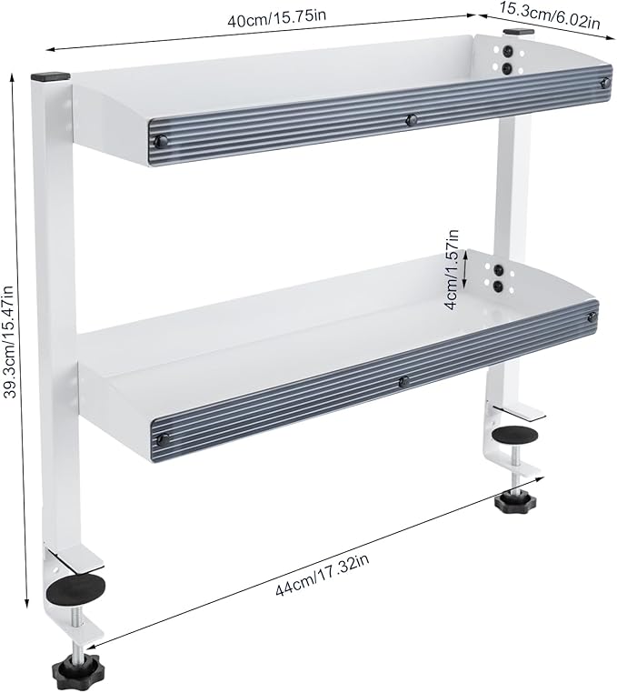 Clamp on Desk Shelf for Working Accessories, 2 Tier Office Desk Shelves Organizer with 2 Mounting Forms, Desktop Supplies Storage Rack with Steel Tray, Heavy Duty Desk Organizers, White
