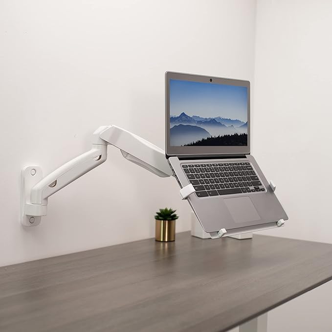 VIVO Height Adjustable Pneumatic Extended Arm Laptop Wall Mount, Full Motion Articulating Notebook Tray, Fits 10 to 15.6 inch Screen, White, MOUNT-V001GLW