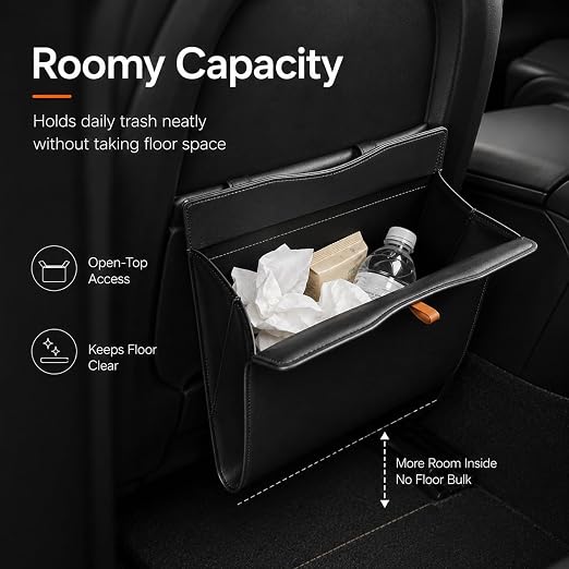COZILO Leather Car Trash Can, Leak-Proof Odor-Lock Car Garbage Can with 60 Liners, Magnetic Closure, Liner-Hold Design, Storage Pocket & Metal Hooks, Hanging Car Trash Bin for SUV Sedan Truck
