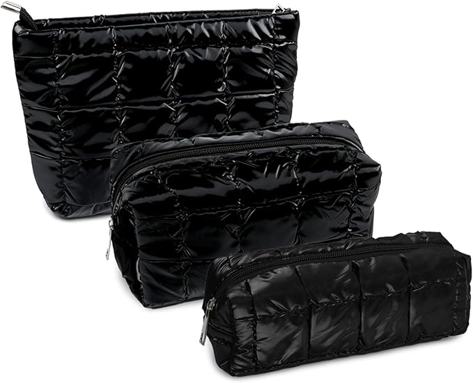 3Pcs Puffer Quilted Makeup Bag Travel Cosmetic Bag Set Portable Puffy Checkered Toiletry Pouch Skincare Organizer Purse Pencil Case (Black)