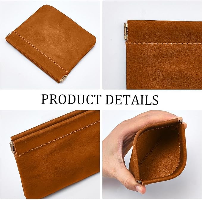 Genuine Leather Mini Squeeze Coin Purse Pouch Small Coin Wallet Change Holder Portable Leather Pocket Cosmetic Bag Travel Makeup Lipstick Pouch Crimp Closure for Women Men