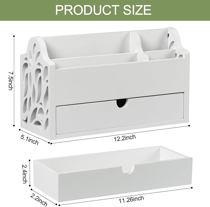 Desk Organizer with Drawer Wood File Office Mail Organizer Countertop-5 Slot Tabletop Storage Pen Organizer Letter Holder for School Home Office Supplies (White)