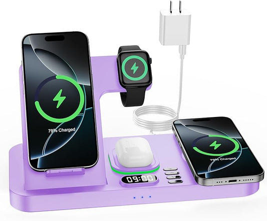Dual Phone Wireless Charging Station for Apple Devices, Magnetic Charging Station for iPhone with Auto Switch 7-Color Light&Clock,Family Watch Charger for iPhone17 for iWatch11for AirPods Pro3(Lilac