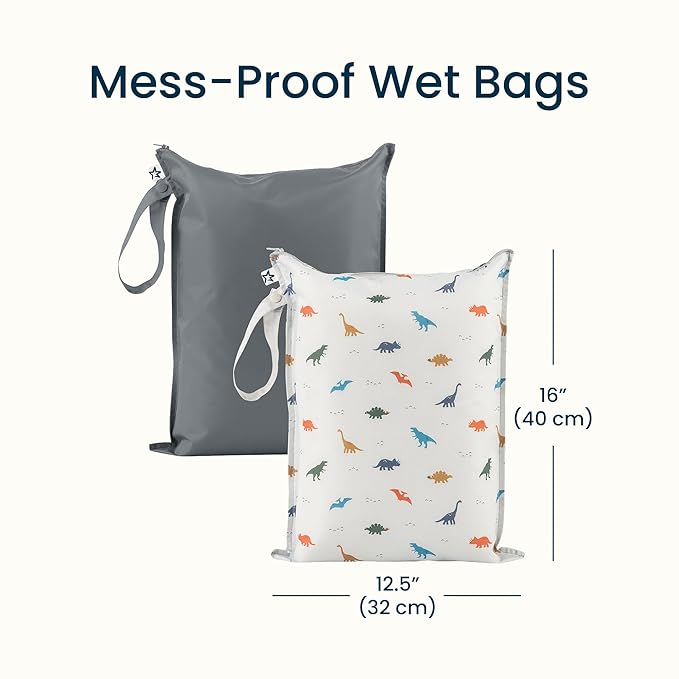 Tiny Twinkle Mess Proof Wet Bags | 2-Pack Reusable Waterproof Wet Bags for Swimsuits | Baby Clothes | Travel & Diaper Bag (Dinosaur)