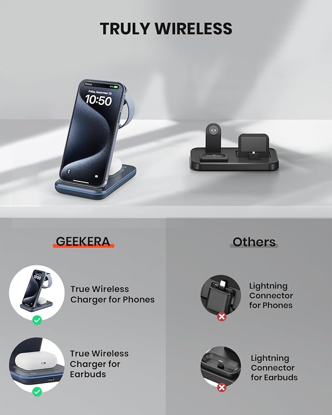 GEEKERA Wireless Charger, 3 in 1 Wireless Charging Station for iPhone Air/17/16/15/14/13/12/11/Pro Max/X/8, Phone and Watch Charger Stand for Apple Watch Ultra 3-2/11-2/SE, AirPods Pro/4/3/2, gunmetal