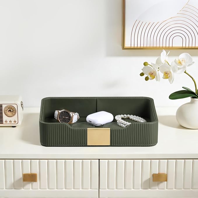 Valet Tray Desktop Storage Organizer, PU Leather Catchall Bedside Vanity Tray with Brass Accents Block Nightstand Organizer for Keys Watch Wallet Phone, Decorative Nightstand Storage (Green)