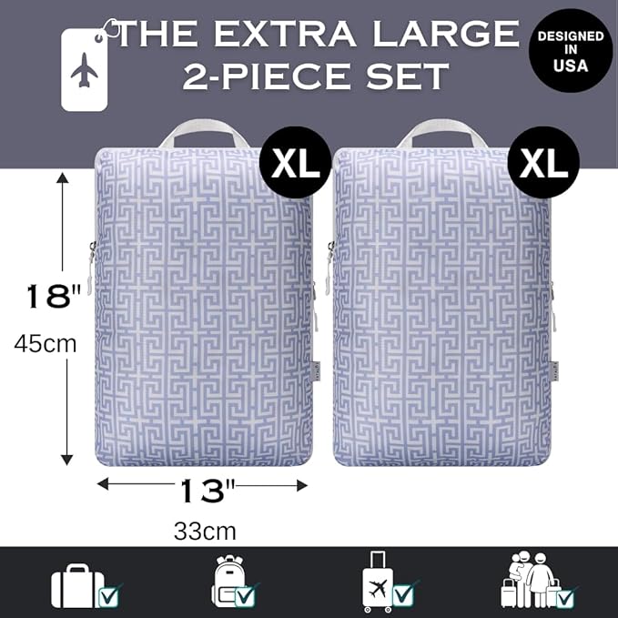 Extra Large Compression Packing Cubes for Checked Luggage, Lightweight Suitcase Organizers & Space Saver Bags - Travel Cubes for Packing - Travel Essentials - 2 Piece Set, X-Large - Light Blue Boho