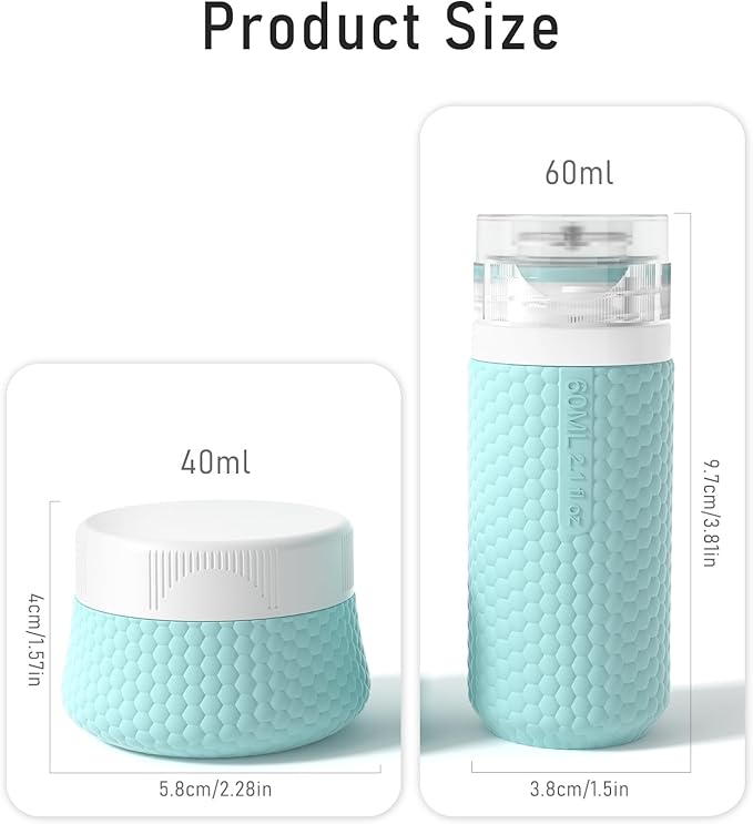 Travel Bottles for Toiletries 2oz 60ml 2 Pack + Cosmetic Jar 40ml 1.35oz Luxury Leather Pattern, Anti-slip Silicone Premium Refillable Bottle Set with Facial Brush for Gym Men Women, Blue