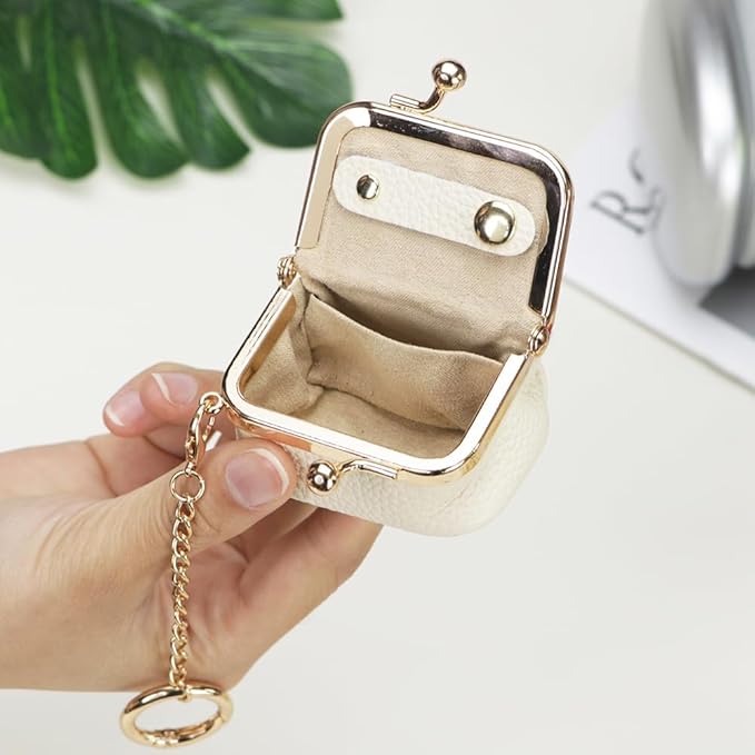 Royal Bagger Genuine Cow Leather Mini Jewelry Box Women's Coin Purse Solid Color Kiss Lock Change Pouch Casual Style Small Storage Bag for Women 1894 (Pink with Chain)