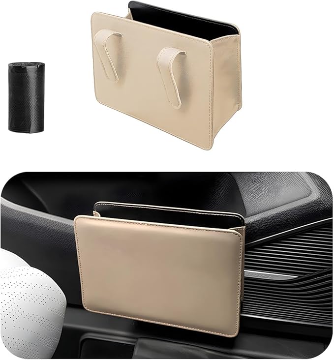 Yourkar Car Trash Can, Foldable Waterproof Leather Car Garbage Organizer Holder, Automotive Mini Dustbin Container with One Roll Trash Bag, Universal Interior Car Accessories (Beige)