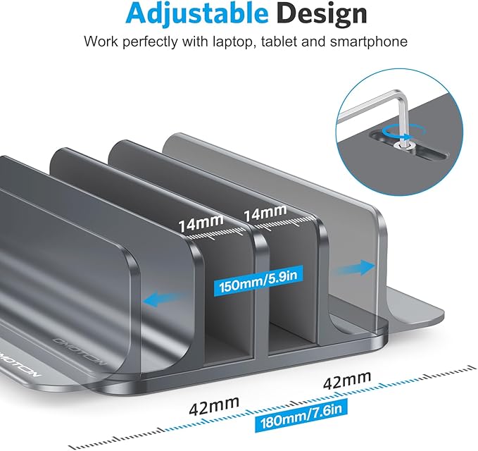 OMOTON Vertical Laptop Stand [Updated Double Version], Desktop Aluminum Mac Book Stand with Adjustable Dock Size, Fits All Mac Book, Surface, Chrome Book and Gaming Laptops (Up to 17.3 inch) (Grey)