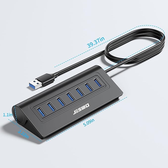 USB Hub 3.0, JESWO Aluminum 7 Port USB 3.0 Hub with 3.3Ft Cable, USB Splitter with 7-USB3.0 Data Ports Compatible with MacBook, Laptop,Surface Pro, PS5, PC and More (No Power Adapter Included)