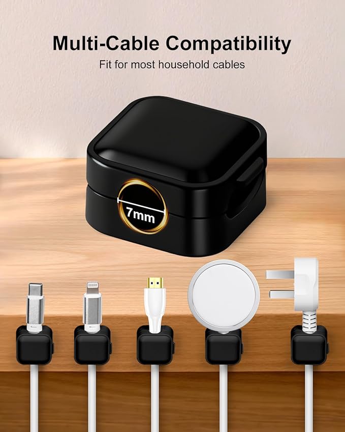 Art3d 8 Pack Magnetic Cable Clips, Black Cable Management Accessories, Cord Smooth Adjustable & Adhesive Backing Cord Organizer for Office Home Organization, Desk, Wall, Nightstand, Phone, Car