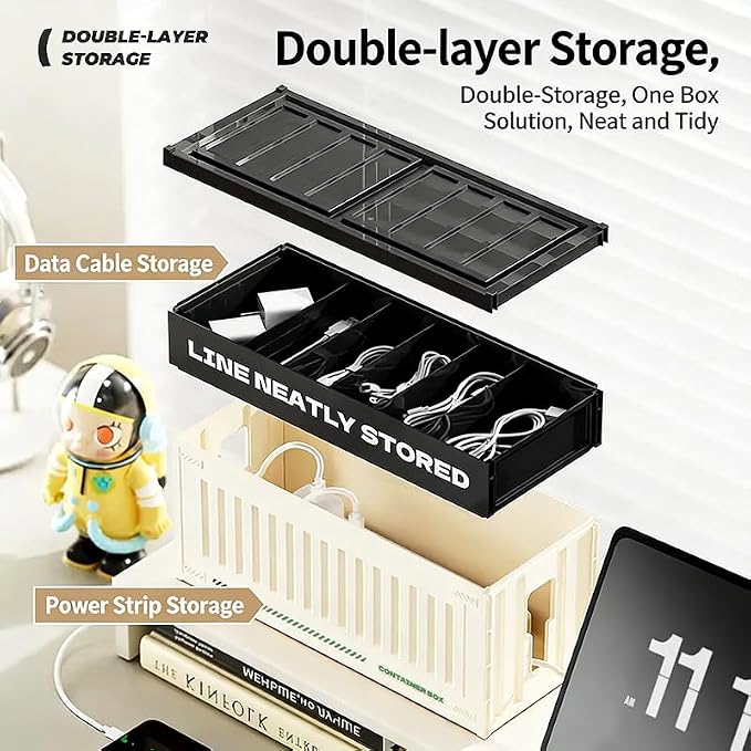 Cable Management Box with Shipping Container Design, Tall Cord Organizer for Desk and Floor, Large HIPS Wire Hider for Power Strip and Surge Protector, Black