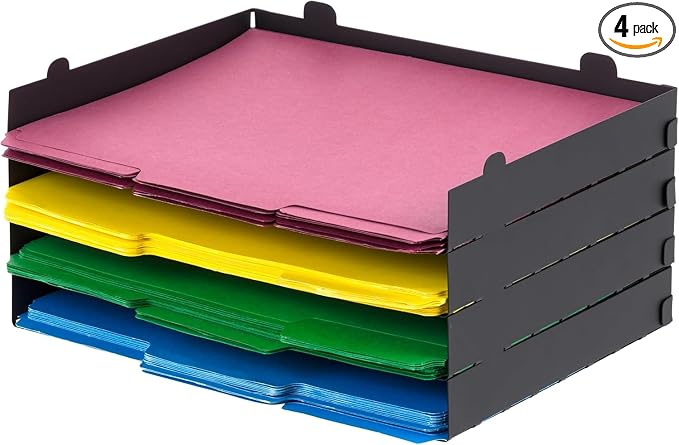 IRIS USA Metal Letter Tray Paper Organizer, 4 Pack, For Letter/A4 File Holder Paperwork Document, Stackable Desktop File Organizer Tray Paper Basket Rack for Office Supplies Home Work, Black
