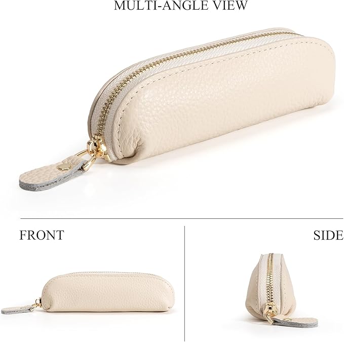 Full Grain Leather Coin Pouch - Travel Small Coin Purse with Zipper - Mini Key Pouch Change Purse for Women and Men (Off White, Large Size)