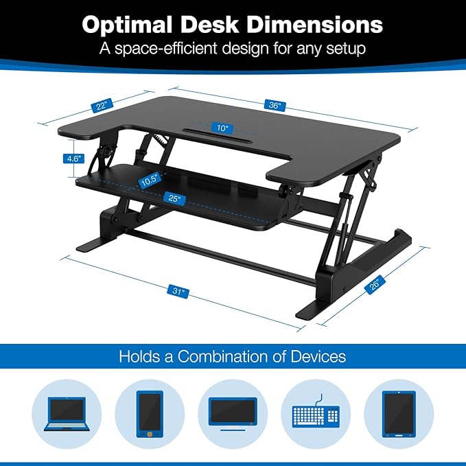 Mount-It! Standing Desk Converter - Height Adjustable Stand Up Riser with Manual Lift, 36.5" x 22" Desktop, Stand up Convertor in Black, Fits Dual Monitors, Laptop and Keyboard Mouse Tray