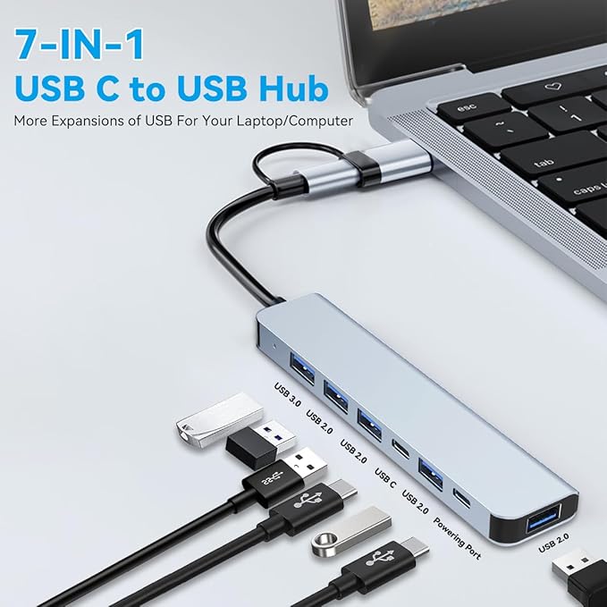 USB C Hub USB Hub Aluminum 7 in 1 USBC Dock with USB3.0 & USB2.0 Ports Extender Multiport Adapter for PC/Laptops/MacBook Pro/Air/iMac/iPad and More Devices