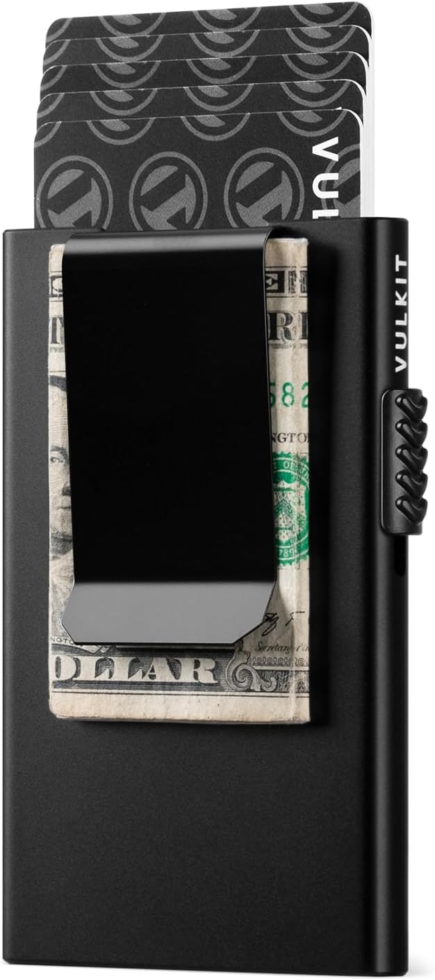 VULKIT Minimalist Wallet with Money Clip RFID Protection Pop Up Card Holder Slim Wallet Credit Card Holder Metal Wallet, Matte Black