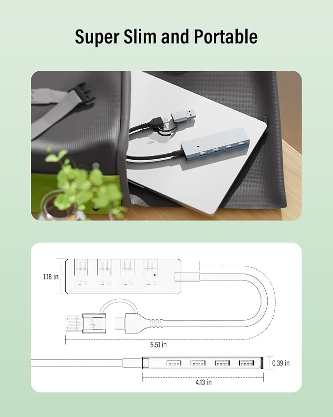 USB 3.0 Hub 4 Ports 5Gbps, Dual USB-A/C Aluminum Splitter, Ultra-Slim Multiport Expander Adapter for iPhone 17/16/15,MacBook,iPad,Laptop,PC,Desktop,HDD, Keyboard, Mouse, Xbox, PS5,Android