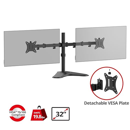 SIIG Articulated Freestanding Dual Monitor Desk Stand - 13"-32" - Max Load 19.8 lbs - 75x75mm/100x100mm(CE-MT1U12-S1)