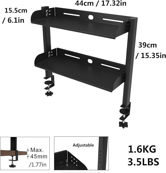 WYYHAA Clamp On Desk Organizer Shelf 17.3inch, 2-Tier Shelving Unit Desktop Storage Shelf, Metal Desk Extender Side Table for Office Table Accessories, Gaming Devices