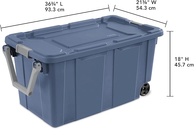 40 Gallon Heavy-Duty Rolling Storage Bins 2-Pack, Blue Industrial Plastic with Pivot Handle, Leakproof Lid & Latches, for Garage Workshop Equipment Transport & Storage