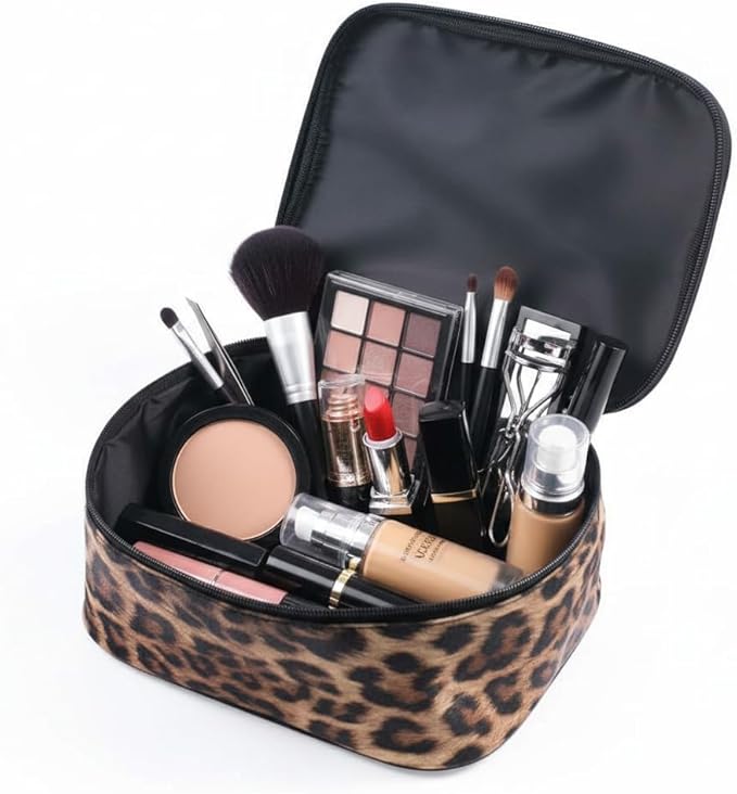 3 Pieces Leopard Print Leather Cosmetic Bags Set,Travel Toiletries Storage Case Portable Cheetah Makeup Organizer Pouch for Women Purse