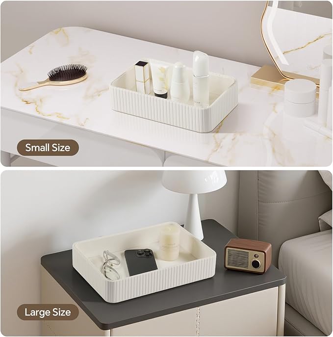 Desk Organizer Tray, PU Leather Nightstand Organizer Perfume Valet Tray for Men Women, Decorative Vanity Trays Trinket Dish Key Bowl for Entryway Table (2pcs, Ivory, Large+Small)