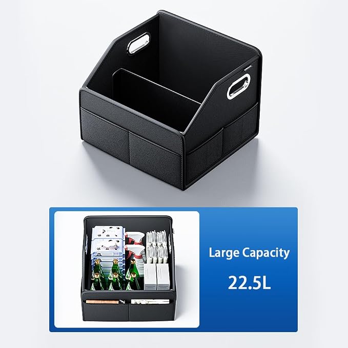 22.5L Leather Material Car Trunk Storage Box Multifunctional Organizer Waterproof and Stain-Resistant Foldable Multi-Compartment Design with Handle for Car Trunk Storage And Office Home Daily Storage