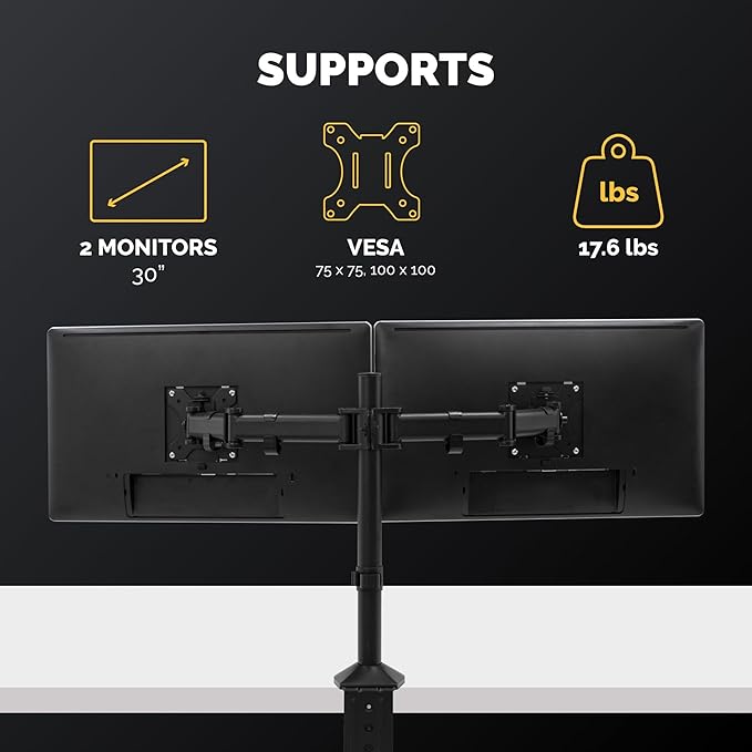 Fellowes Reflex Series Adjustable Monitor Arm for Desk, Supports 27-Inch Monitors, Ergonomic Dual Monitor Stand with VESA Mount, Easy Setup with Grommet or Clamp, 8502601-Black