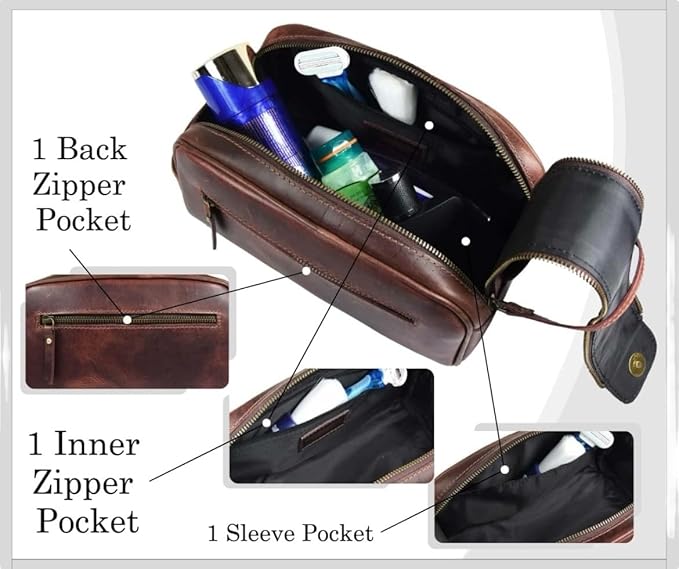 Hindoro 10" Premium Leather Toiletry Travel Pouch Bag With Waterproof Lining | King-Size Handcrafted Vintage Ditty - Kit Leather Goods (Dark Brown)