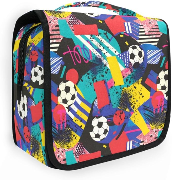 Hanging Travel Toiletry Bag Kit Boys Makeup Case Cosmetics Organizer for Men Women (Inspired Soccer Bright Colors)