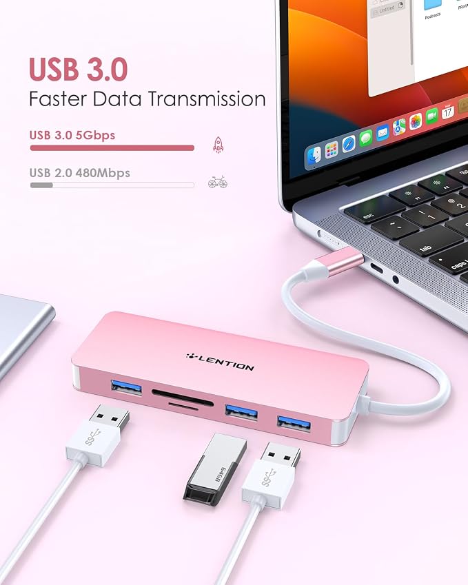 LENTION 5 in 1 USB to USB-C Adapter with Micro SD/SD Card Reader for iPhone, 4K@30Hz HDMI to USB C Hub Multiport Adapater with 3 USB 3.0 Compatible with 2025-2018 MacBook Pro MacBook Neo(Rose Gold)