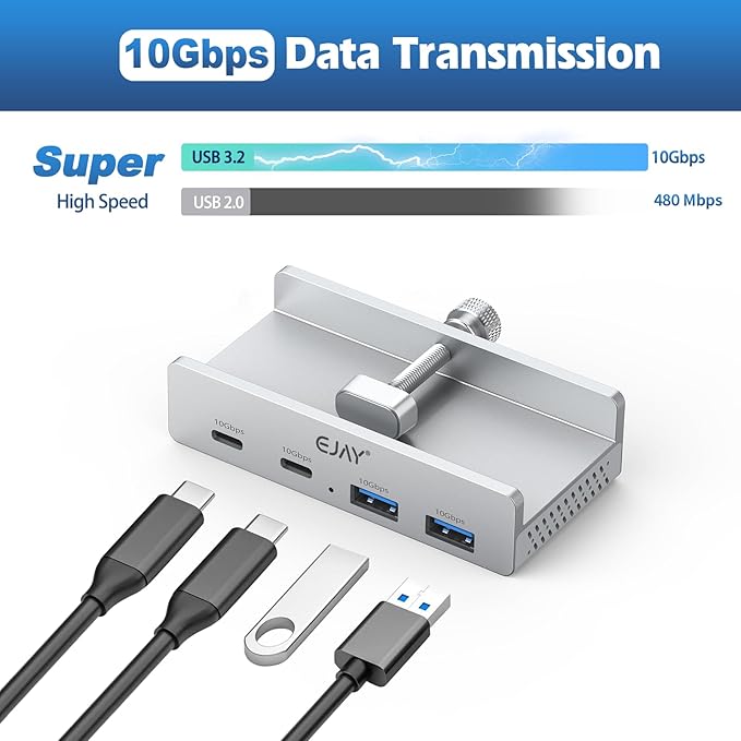 EJAY 4Ports 10Gbps USB-C HUB USB3.2 Clamp USB HUB Splitter,Mountable USB-C Adapter with Data & Power Cable for iMac 2021 and later-10Gbps(Silver)