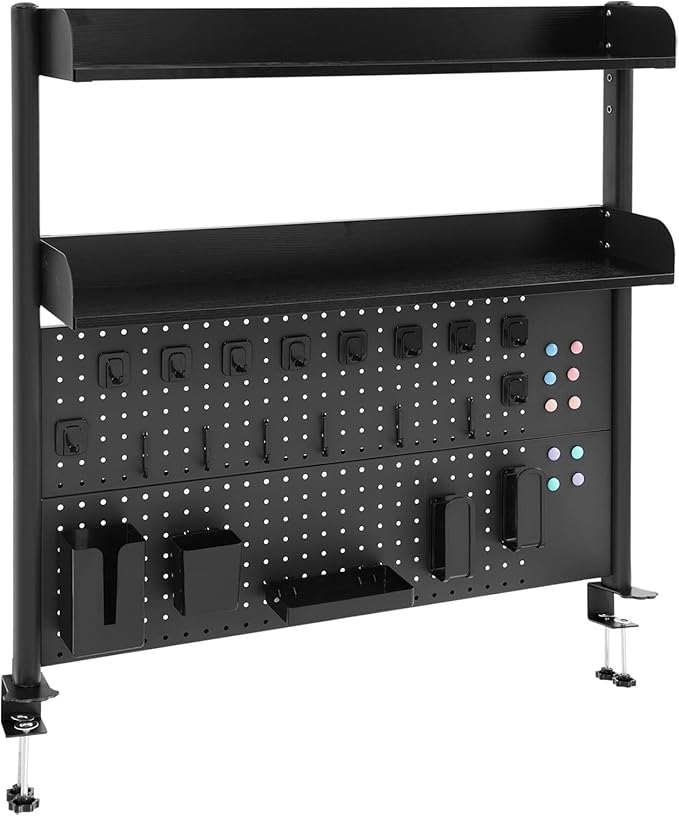 Clamp-On Pegboard Desk Organizer, 2-Tier Clamp On Desk Shelf with Hooks, Office Accessory Organizer for Books, Office Supplies & DIY Storage, 16.5lbs Capacity, 39.37" x 37.4", Black