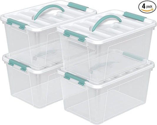 Jekiyo 14 Quart Clear Storage Box with Handle, Plastic Latching Bins with Lids, 4 Packs