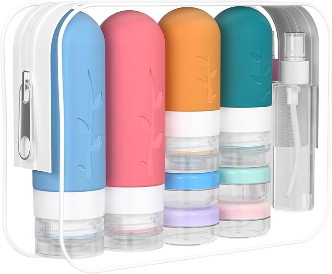 DEPOZA Travel Bottles Kit (16 Pack) - TSA Approved, Leak Proof Silicone Squeezable Containers for Toiletries. Complete Set with Jars, Sprayers & Bag (Coastal Hues)