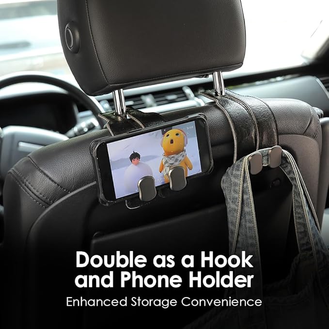 KINIVA Car Seat Headrest Storage Hooks, Set of 2, Suede PU Leather, Double Hooks (06-Black)
