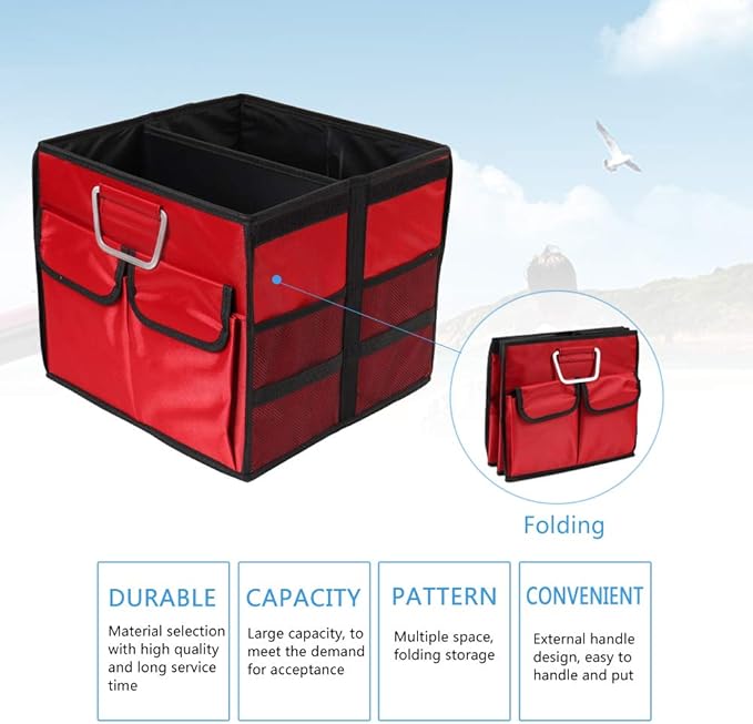 Car Trunk Organizer Collapsible Portable Multi Compartments Organizer with Non Slip Straps for SUV Truck Auto Vehicle Car Auto Minivan(Small without cover, Red)