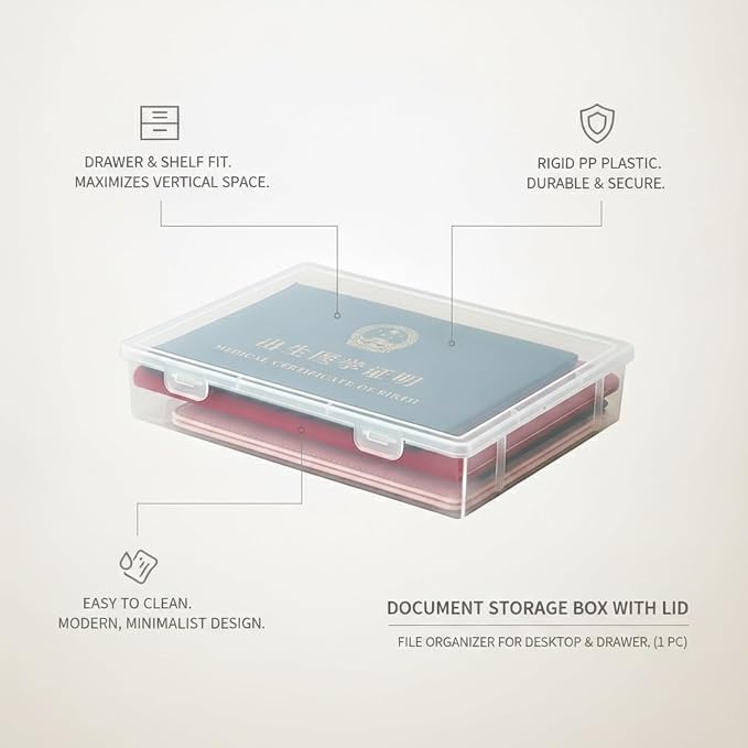 1 Pack Document Storage Box with Lid, Rigid PP Plastic File Organizer for Desktop and Drawer Organization