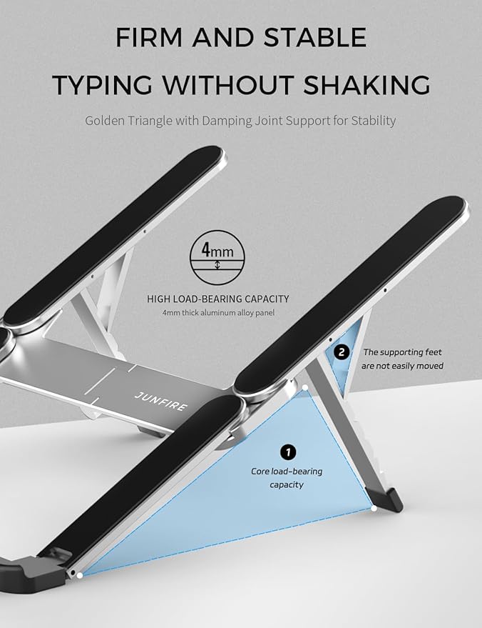 Junfire Foldable Laptop Stand for Travel, Aluminum Stable Ergonomic Laptop Riser with 6-Levels Height Adjustment, Fits with MacBook Air, MacBook Pro, iPad, HP, Dell, Lenovo (Up to 15.6'')-Sliver