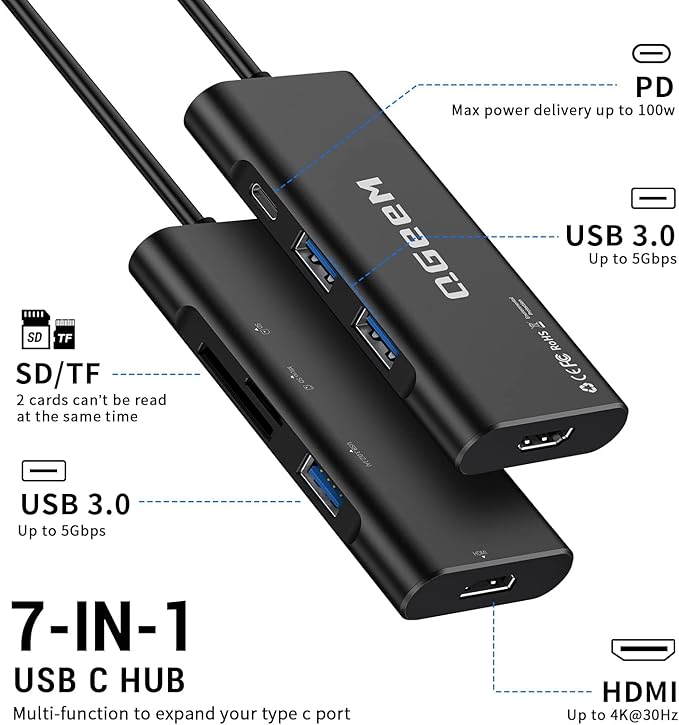 QGeeM USB-C 7-in-1 Dongle with 100W PD, 3x USB 3.0, SD/TF Card Reader, Compatible with MacBook, iPad, Dell XPS & More - Black