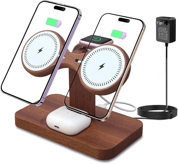 Dual Phone Charging Station Compatible with Magsafe Charger Stand Magnetic Wireless Charger for iPhone 17 16 15 14 13 12 Series iWatch AirPods Wireless Charging Station for Multiple Devices