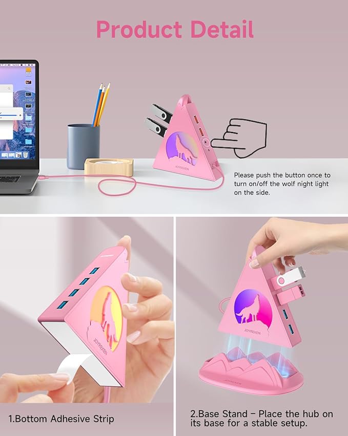 Powered USB Hub 3.0, 6-Port Hub(4 USB 3.0 Data Ports + 2 Smart Charging Ports) with 48W Adapter, RGB Light, Base, Compatible with PC, Laptop, Mac, External Hard Drives, Fast Charging for Phone(Pink)