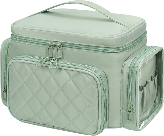 Bagmoly Large Makeup Bag, Portable Travel Makeup Bag Organizer for Women Girls with Makeup Brush Compartment & Two Side Pockets, Cosmetic Travel Bag Vertical Storage Toiletry - Green