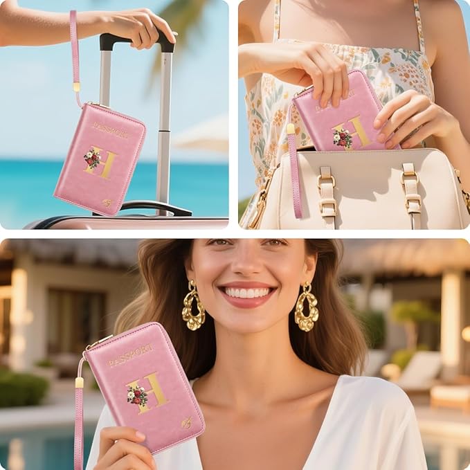 Passport Holder for Travel Personalized Passport Holder Initial Letter Rose Flower RFID Blocking Travel Wallets Credit Cards Holder for Women Men, Pink H
