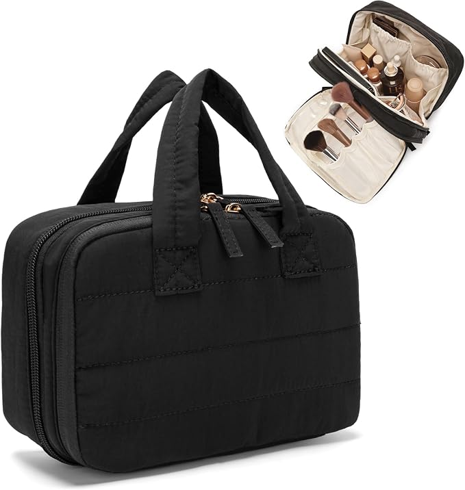 Small Makeup Bag, Travel Cosmetic bag, Toiletry Bag For Women, Make up Bag With Brush Storage, Hanging Toiletry Bag, Puffy Padded Makeup Organizer Case, Wide-open Travel Essentials (Black)