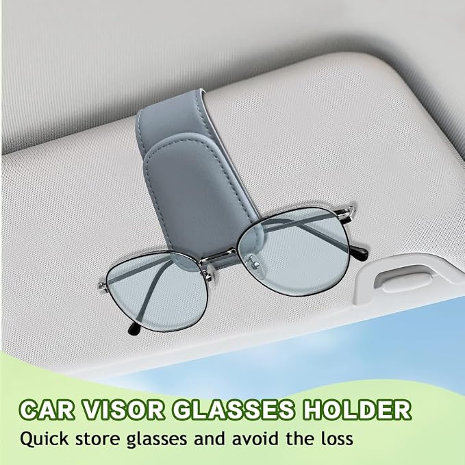 Sunglass Holder for Car, Sunglasses Clip for Car Visor, Magnetic Leather Vehicle Eyeglass Hanger Clip, Auto Ticket Card Glasses Organizer Clamp Accessories for SUV Sedan (Light Gray)